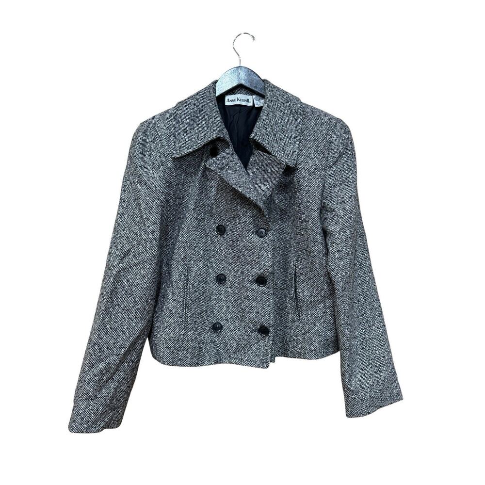 Anne Klein Wool Cropped Blazer Size 10 Black White Double Breasted Lined Jacket
